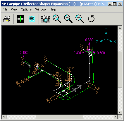 caepipe graphics window showing model expansion (T1) deflected shape 