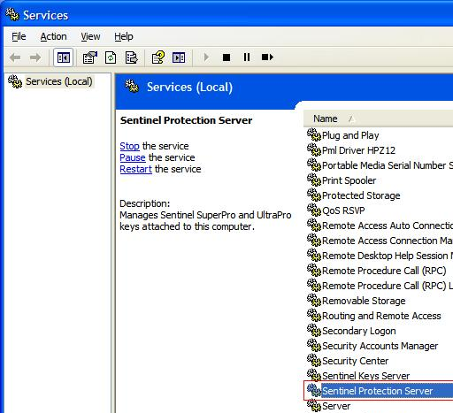 windows services dialog window with sentinel protection server highlighted