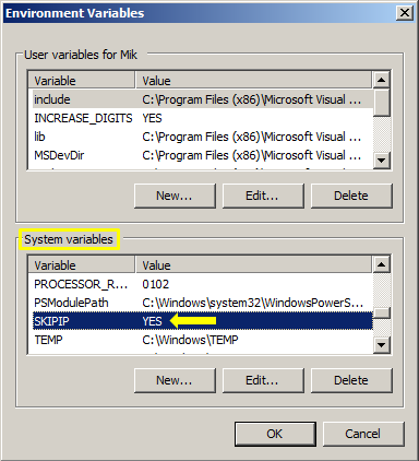 environment variables dialog window showing skipip variable