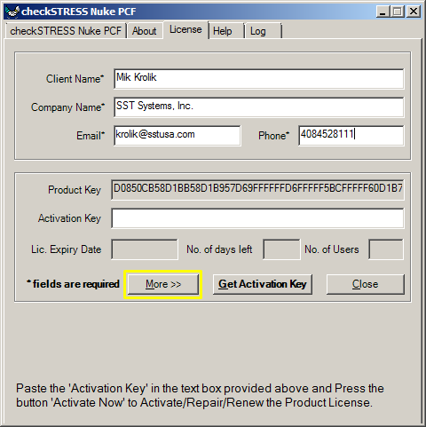 Client software SSTLM product/activation key dialog window image