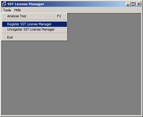 screenshot of sstlm tools menu with register sst license manager selected