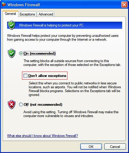 sst installtion for sstlm windows firewall dialog general tab screen shot