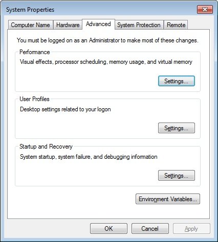 caepipe sstlm troubleshooting windows 7 system properties window with advanced tab selected
