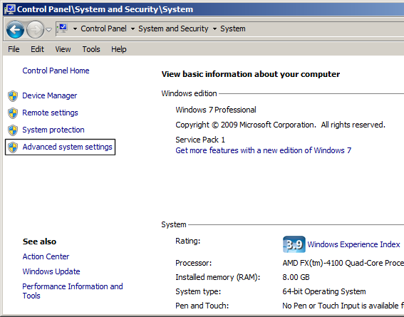 caepipe sstlm troubleshooting windows 7 system window with advanced settings selected