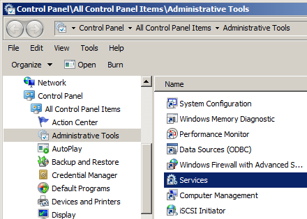 screenshot of Administrative Tools window with Services selected