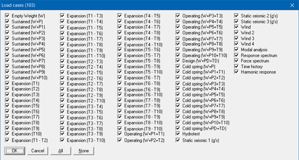 caepie dialog box showing load cases selected