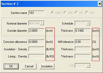 caepipe section dialog box showing data in All English format