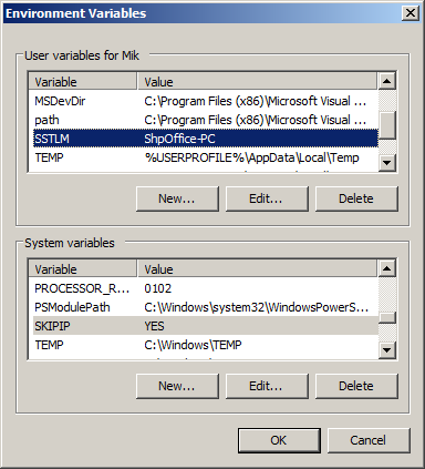 caepipe sstlm troubleshooting windows 7 environment variables window with SSTLM variable displayed