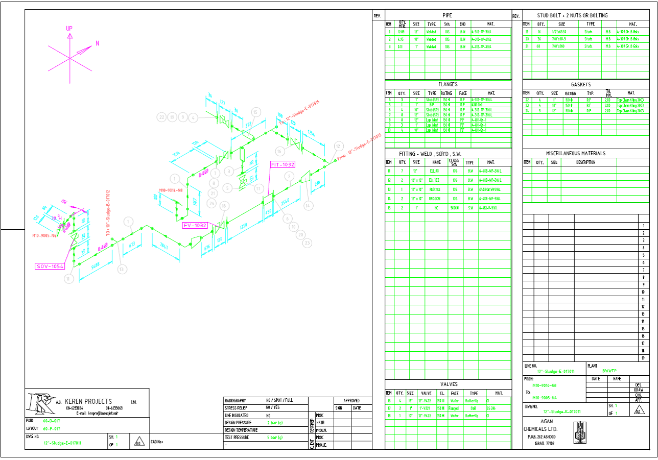 Customized Isometric with BOM generated using 3D Plant Design software