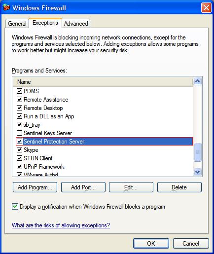 caepipe troubleshooting windows firewall dialog exceptions tab with sentinel service selected