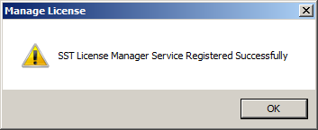 sstlm's manage license confirmation window stating sst license manager service registered successfully