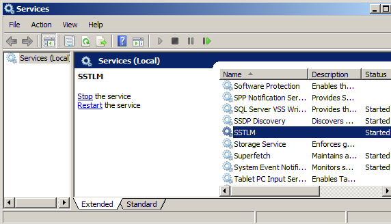screenshot of Services window with SSTLM service selected