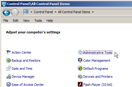 screenshot of windows control panel with Administrative Tools selected